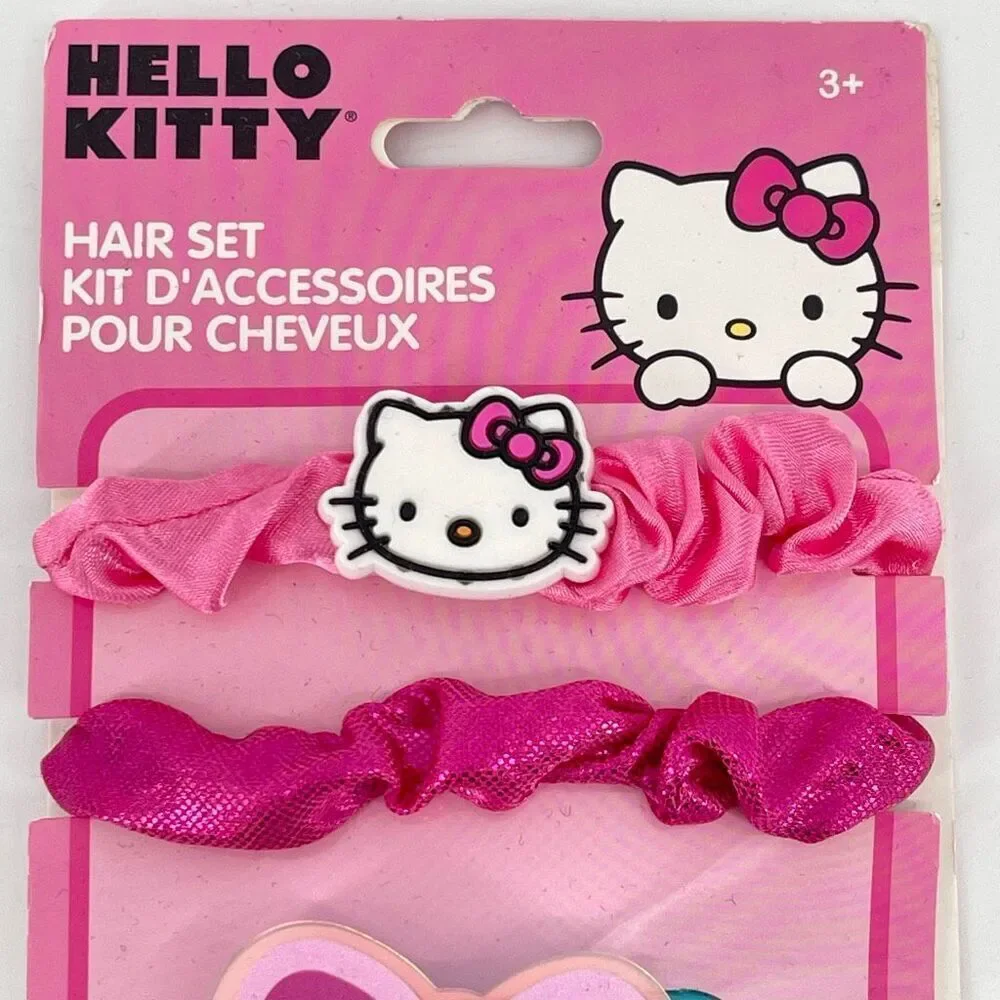 Hello Kitty Girls Hair Accessory Set — 3 Scrunchies + Bow Hair Clip | Pink | NWT